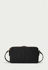 Black leather clutch wallet with embossed "RLL" logo, zip closure, and detachable wrist strap. Features gold-tone hardware accents.