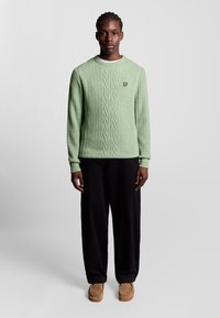 Maglione a maglia di colore verde chiaro con polsini e orlo a coste, caratterizzato da un piccolo logo giallo. Abbinato a pantaloni neri a taglio largo e scarpe beige.