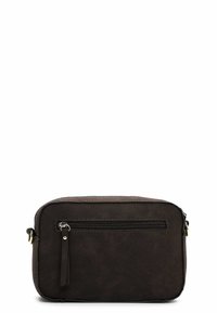 Ruda dirbtinės odos kryžminė rankinė su stačiakampiu pavidalu, turinti priekinį užtrauktuką kišenėje ir dekoratyvine siuvinėjimo linija aplink kraštus.