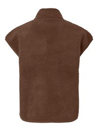 Barna, ujjatlan fleece mellény magas gallérral, puha, texturált sherpa anyagból, hátulnézetben.