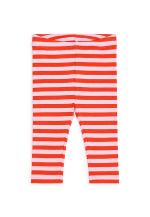 Leggings bébé à rayures horizontales rouges et roses avec une taille élastique, posés à plat sur fond blanc.