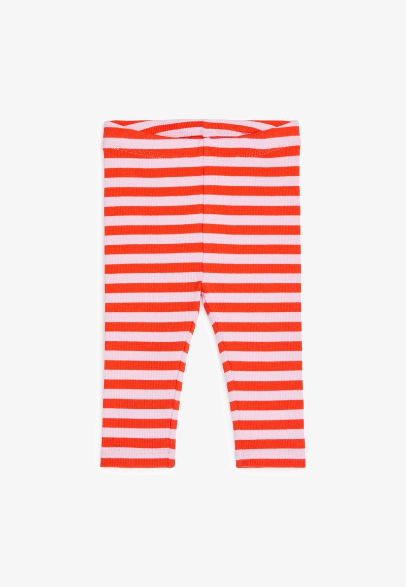 Leggings bébé à rayures horizontales rouges et roses avec une taille élastique, posés à plat sur fond blanc.