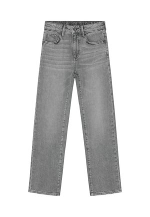 Hellgraue Jeans mit weitem Bein aus Denim. Verfügt über ein Fünf-Taschen-Design, sichtbare Nähte und einen Knopfverschluss am Bund.