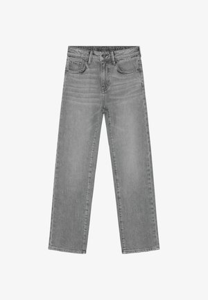 Light gray wide-leg jeans made of denim. Features a five-pocket design, visible stitching, and a button fly at the waistband.
