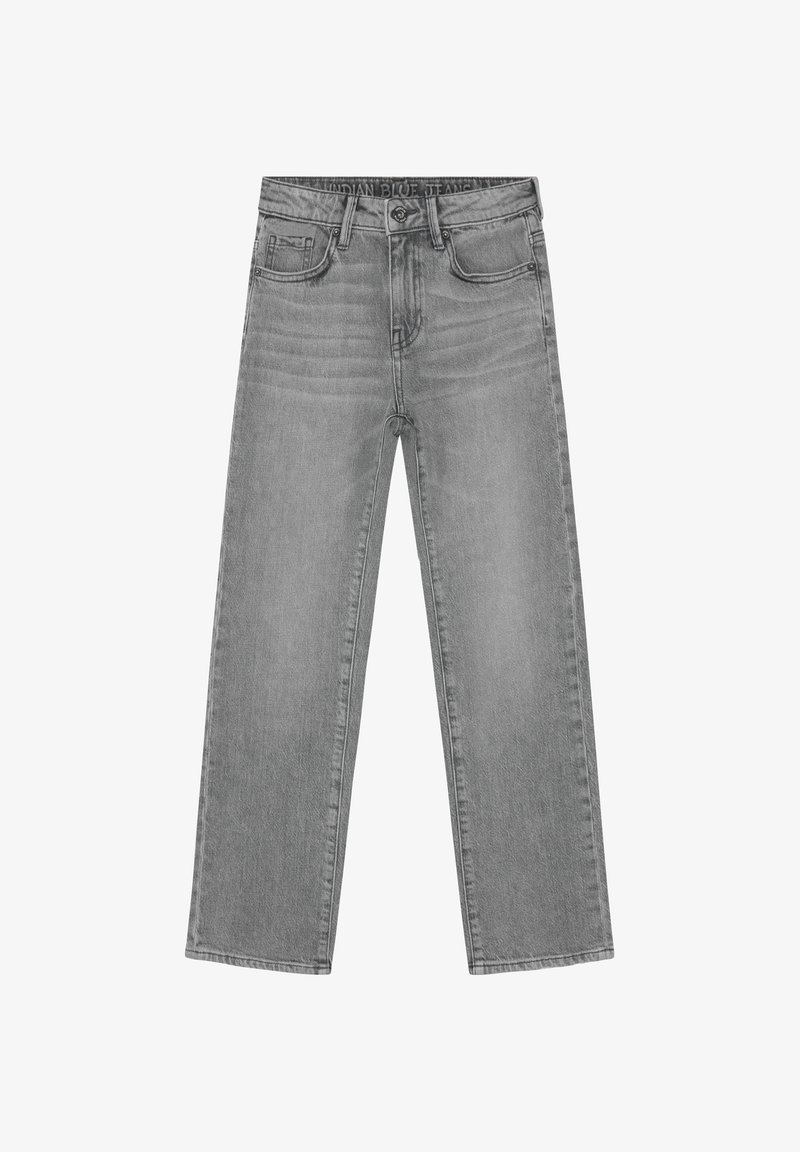 Lichtgrijze jeans met wijde pijpen, gemaakt van denim. Heeft een ontwerp met vijf zakken, zichtbare stiksels en een knoopsluiting aan de tailleband.