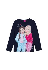 Camicia a maniche lunghe blu marina con due ragazze illustrate, una vestita in azzurro e l'altra in rosa, con la scritta "MIGLIORI Amiche" sopra.