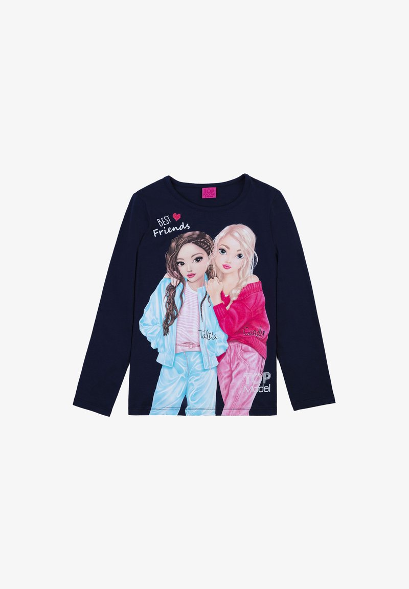 Marineblaues Langarmshirt mit zwei illustrierten Mädchen, eines in hellblauer und das andere in rosafarbener Kleidung, mit dem Text "BESTE Freundinnen" darüber.