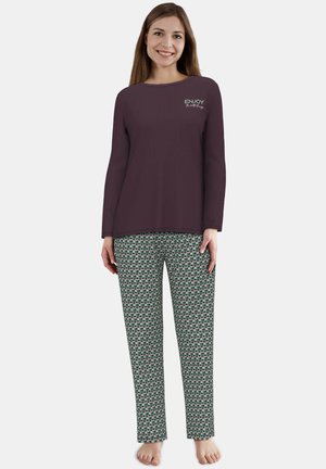Purple long-sleeve top with "ENJOY" text, paired with patterned green pajama pants featuring small red and white motifs. Cotton fabric, relaxed fit.
