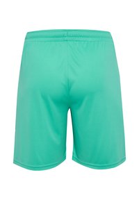 Pantaloni sportivi verdi con elastico in vita, texture liscia e lunghezza sopra il ginocchio, privi di motivi o dettagli visibili.