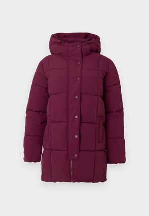 Lange paarse gewatteerde winterjas met capuchon, voorrits bedekt met een flap met drukknoopsluiting, en zijzakken.