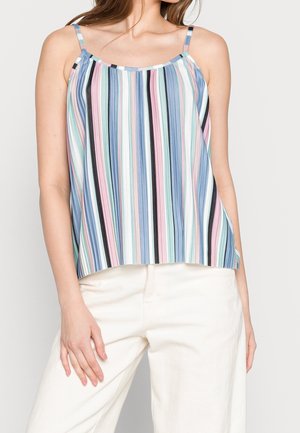 Camisole rayé en bleu, rose et blanc ; tissu léger avec de fines bretelles et une coupe décontractée, présentant des rayures verticales et un col rond.
