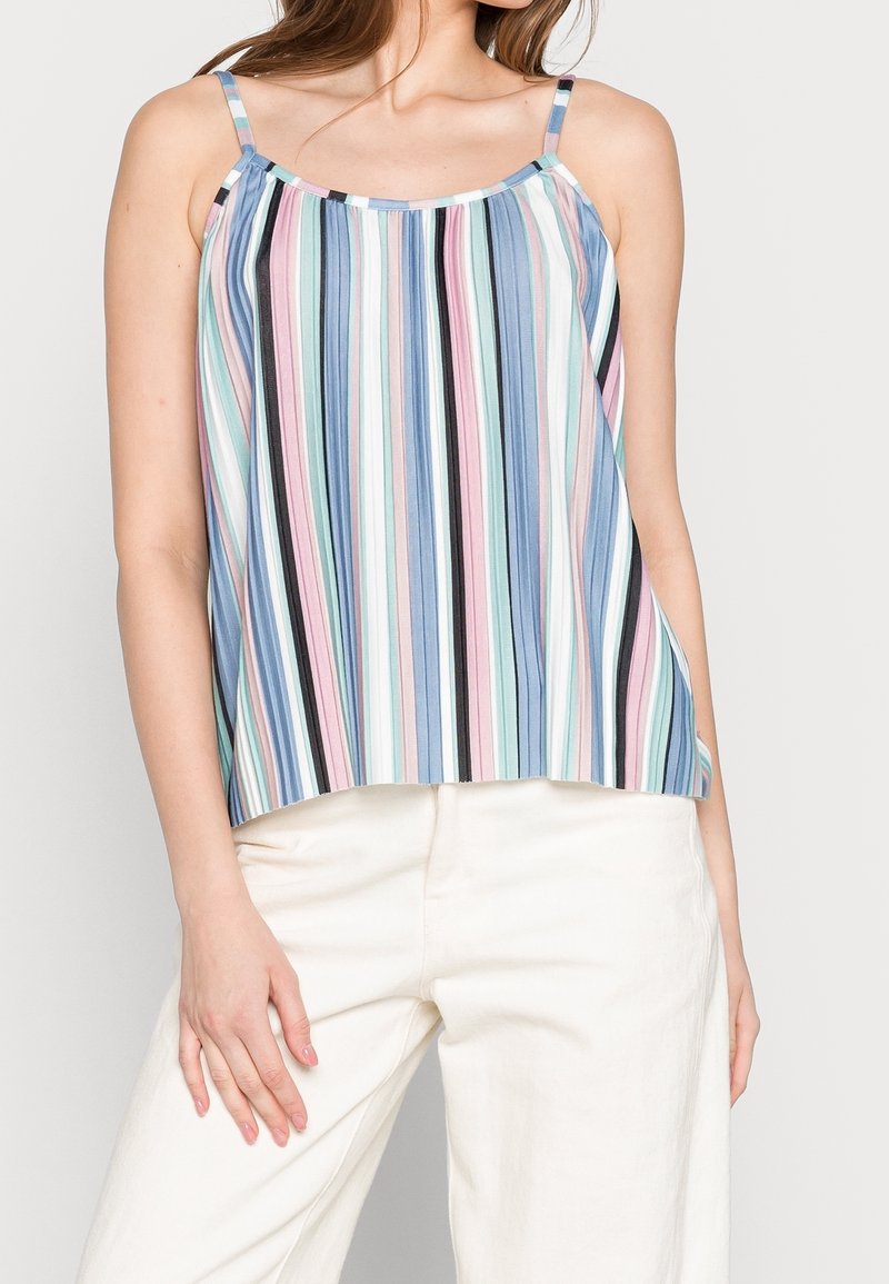 Camisole rayé en bleu, rose et blanc ; tissu léger avec de fines bretelles et une coupe décontractée, présentant des rayures verticales et un col rond.