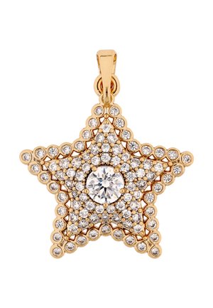 Arany ötcsillag alakú medál, amelyet több apró, tiszta drágakő és egy nagyobb központi drágakő díszít, lánc számára kialakított hurkokal.