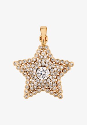 Goudkleurige hanger in de vorm van een ster, bezet met meerdere kleine heldere edelstenen en één grotere centrale edelsteen, met een lus voor een ketting.