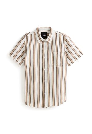 Kortærmet skjorte med lodrette striber i creme, brun og beige. Knappelukning foran, krave og en enkelt brystlomme. Bomuldsstof.