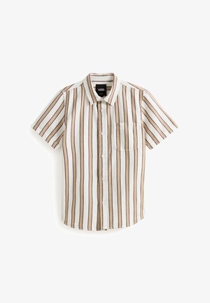 Camisa de manga corta con rayas verticales en crema, marrón y beige. Parte delantera con botones, cuello y un bolsillo en el pecho. Tejido de algodón.