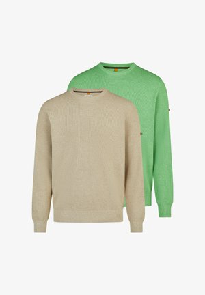 To hæklede crewneck-trøjer, den ene beige foran og den anden grøn bagved, begge med ribstrikkede manchetter og kant.