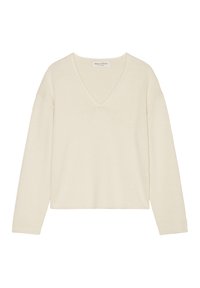 Cremefarbener Pullover mit V-Ausschnitt und langen Ärmeln aus Strickstoff. Verfügt über eine lockere Passform und gerippte Details an Bündchen und Saum.