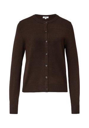 Bruine gebreide cardigan met een ronde hals, lange mouwen en knoopsluiting. Heeft een gladde textuur en ribgebreide onderkant en manchetten.
