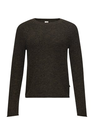Maglione lavorato a maglia marrone scuro con scollatura rotonda, maniche lunghe a raglan e una vestibilità comoda. Presenta un motivo testurizzato e una leggera apertura laterale.