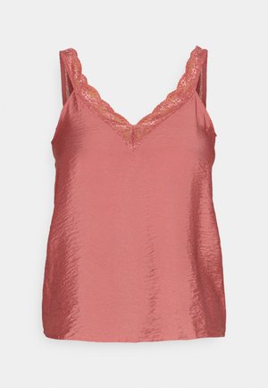 Bezrukávový top v jemne ružovej látke s nenápadným leskom. Disponuje výstrihom do V s jemným čipkovým zdobením. Hladká textura.