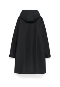 Svart vattentålig jacka med huva, långa ärmar, elastiska ärmslut och rak skärning, med en slät yta och minimalistisk design.