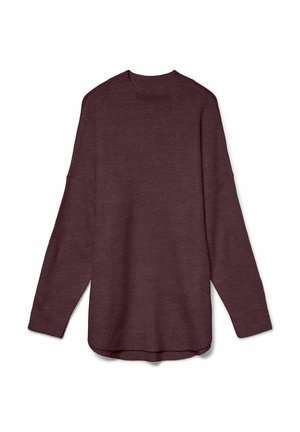Burgunderfarvet sweater med ribbet rund halsudskæring og lange, let oversized ærmer. Har lige snit og afsluttede kanter.