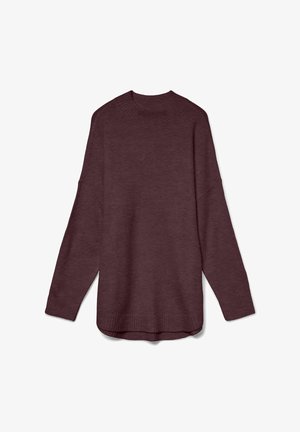 Burgundy sweater with a ribbed round neckline and long, slightly oversized sleeves. Features a straight cut and finished hems.