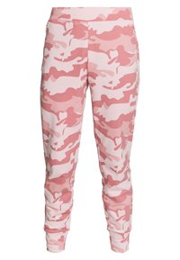 Spodnie dresowe camouflage w jasnym różu, łączące delikatne odcienie różu i bieli. Zwężany krój z elastycznym pasem i ściągaczami na nogawkach.