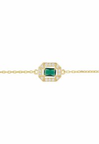 Bracciale in oro con una pietra verde ottagonale circondata da pietre chiare, collegato da una delicata catena. Accenti in smeraldo e simili a diamanti.