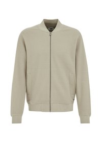 Chaqueta bomber de color beige claro, fabricada en un tejido texturizado, con cierre de cremallera, dos bolsillos laterales y puños y dobladillo acanalados.