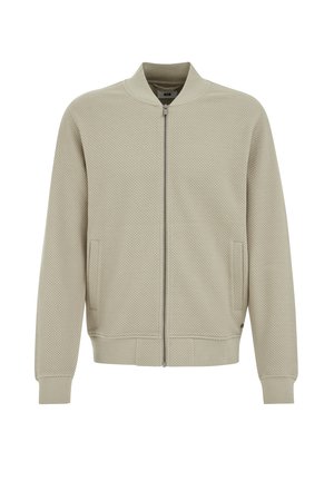 Light beige bomber jacket made from textured fabric, featuring a zip closure, two side pockets, and ribbed cuffs and hem.