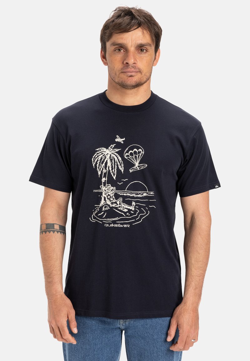 Navy blue cotton t-shirt featuring a white graphic design of a palm tree, parachute, and beach scene. Round neck and short sleeves.