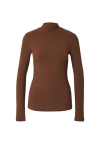 Brauner, gerippter Rollkragenpullover mit langen Ärmeln und taillierter Silhouette, glatter Textur und hohem Kragen. Keine sichtbaren Muster oder Akzente.