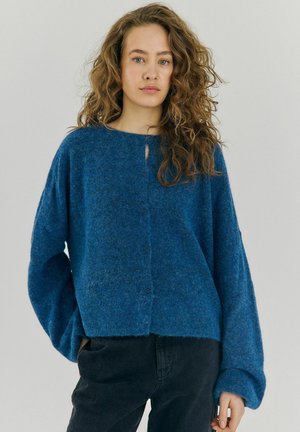 Modrý vlněný svetr s kulatým výstřihem, zapínáním na knoflíky a oversized rukávy. Obsahuje jemnou texturu a zkrácený design.