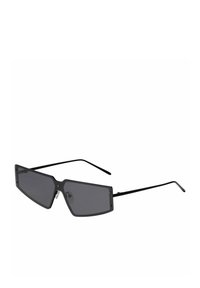 Black rectangular sunglasses with grey tinted lenses, metal frame, and slim arms. Notable for sharp angles and minimalistic design.
