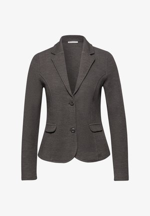 Blazer gris texturé avec un col cranté, fermeture à un bouton, deux poches avant et manches longues. Fabriqué en tissu tissé.