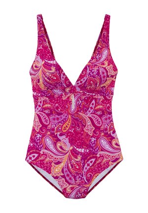 Ein einteiliger Badeanzug in Pink mit einem Paisleymuster in Orange und Lila. Er verfügt über einen tiefen Ausschnitt und verstellbare Träger.