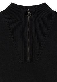 Maglione nero a maglia con colletto alto a coste e zip frontale. Presenta un motivo testurizzato lungo il colletto e le spalle.