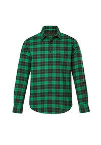 Camisa de cuadros verde y negro con mangas largas, cierre de botones en la parte delantera y un cuello clásico, hecha de una tela suave con una textura lisa.