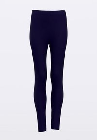 Tmavomodré legíny z elastickej tkaniny s elastickým pásom, so hladkým priliehavým dizajnom bez viditeľných švov alebo vzorov.