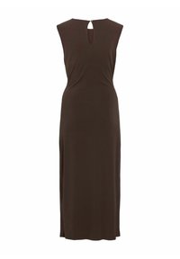 Varrukateta tumedat pruunid, pahkluu pikkune kleit, millel on kaela tagaküljel võtmeauguga nööp.