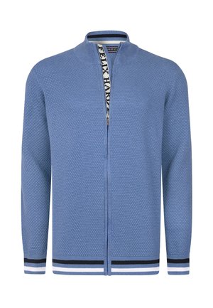 Light blue zip-up cardigan with a textured knit pattern, ribbed cuffs featuring black and white stripes, and a stand-up collar.