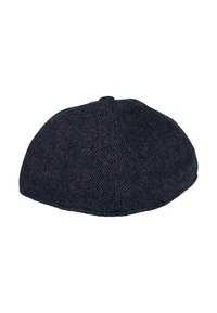 Black herringbone tweed cap with a rounded crown, seamless design, and a small top button. Soft texture, smooth finish, and no visible hardware.