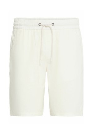 Białe bawełniane szorty z elastycznym paskiem w talii, regulowanym sznurkiem oraz kieszeniami po bokach. Gładka tekstura i luźny krój.