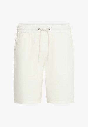 Białe bawełniane szorty z elastycznym paskiem w talii, regulowanym sznurkiem oraz kieszeniami po bokach. Gładka tekstura i luźny krój.
