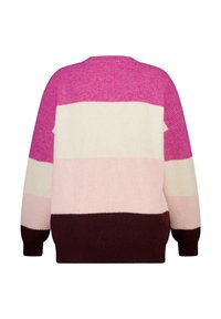 Gebreide trui met horizontale strepen in tinten roze, crème en bordeaux. Heeft een losse pasvorm en geribbelde manchetten en zoom.