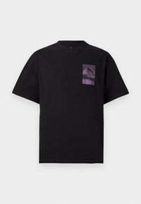 Black short-sleeve T-shirt with a small purple rectangular graphic of a mountain on the left chest.