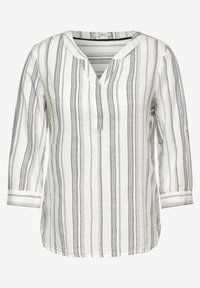 Chemisier rayé blanc et noir, avec un col en V, des manches trois-quarts et un tissu léger avec des lignes verticales et des accents à pois.