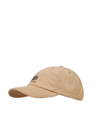 Beige Cord-Baseballkappe mit gebogenem Schirm und kleinem besticktem Logo vorne links.